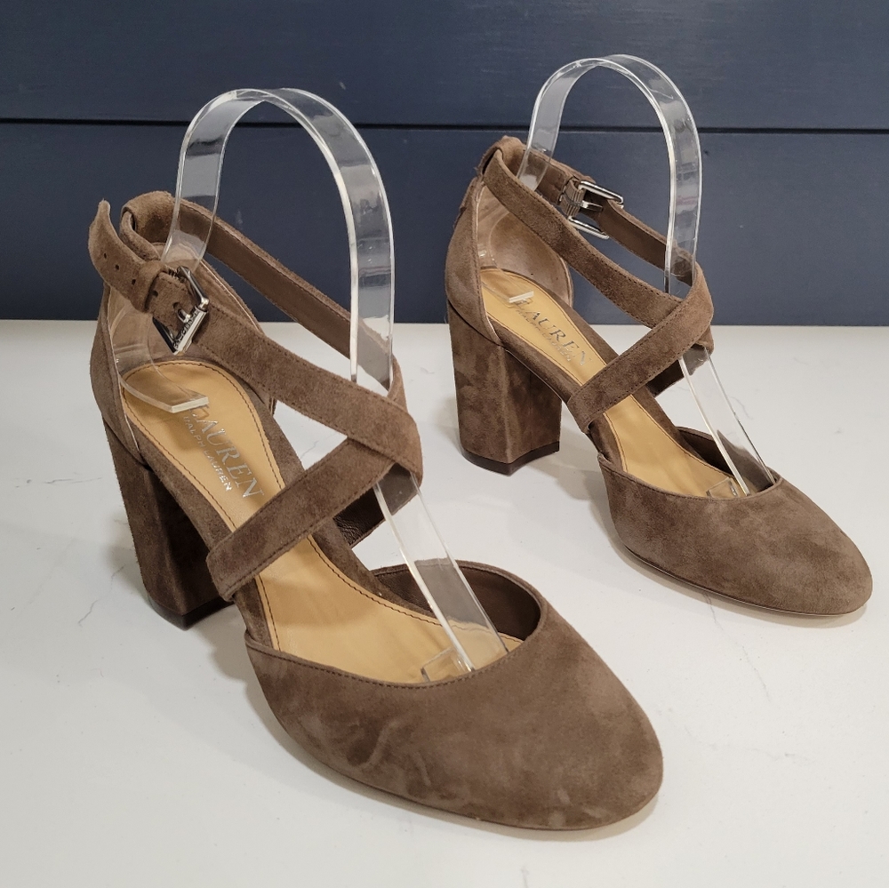 Lauren Ralph Lauren Fana Suede Cross Strap Pump Sandle Chunky Heel Size 6.5 B